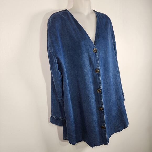 Soft Surroundings Womens Wendy Button Tunic Shirt Blue Chambray Denim V Neck Med - Picture 5 of 12